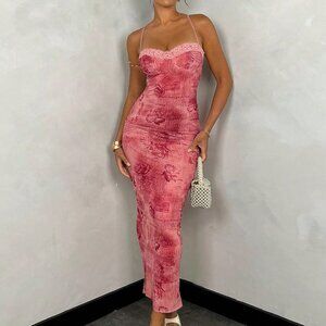 Multicolor Sexy Women's Floral Printed Pattern Lace Slim Fit Long Tank Dress